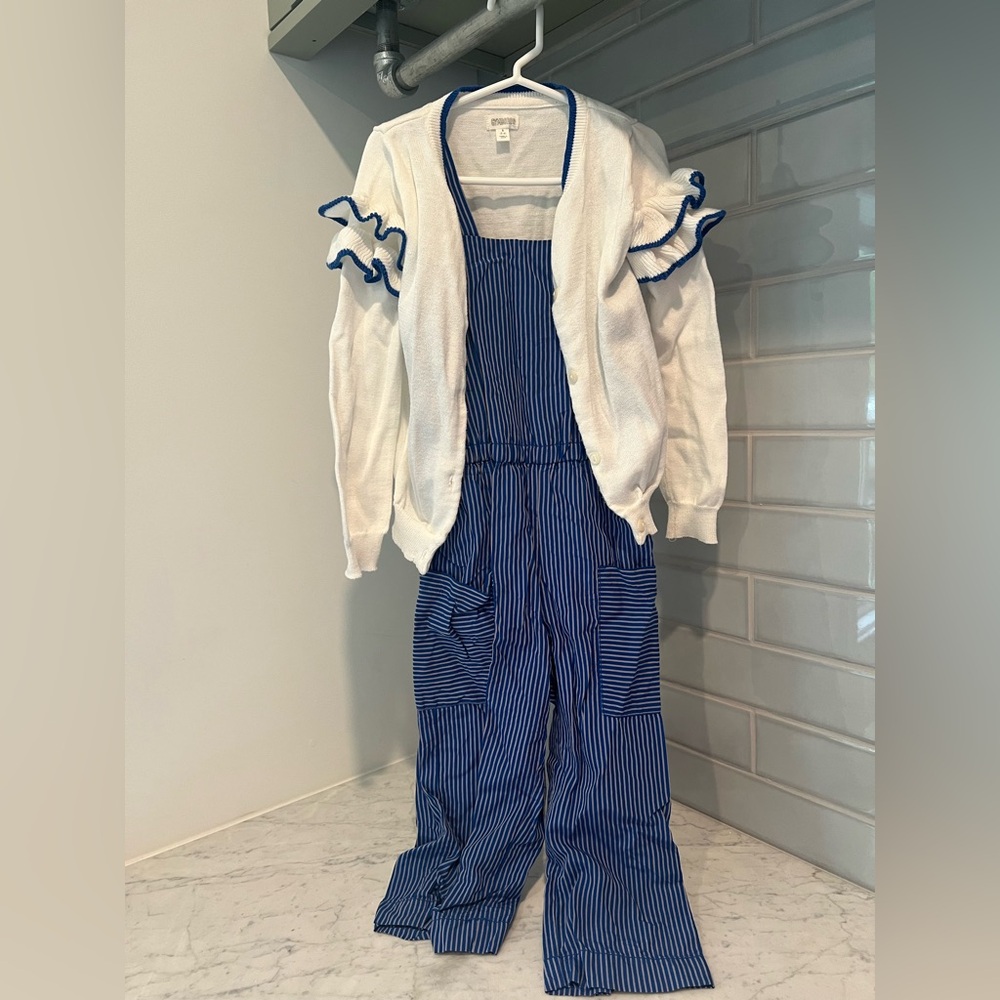 Gymboree White Ruffle Cardigan with Blue Pinstripe Jumper